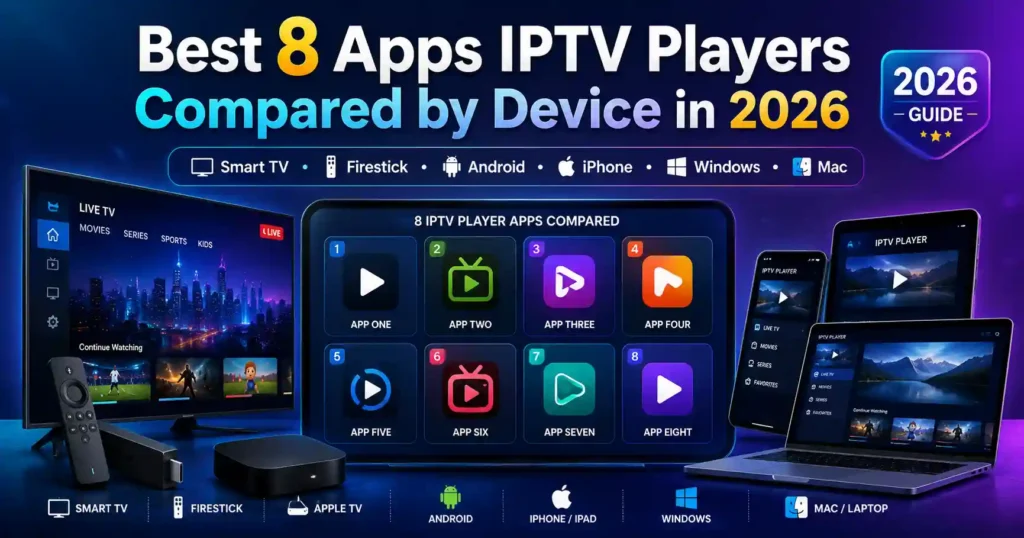 Infographic comparing 8 best IPTV player apps by device including Smart TV, Firestick, Android, iPhone, Windows, and Mac in 2026