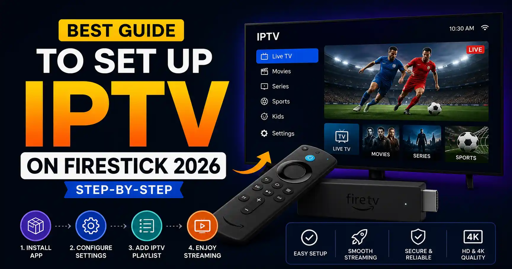 Step-by-step guide showing how to set up IPTV on Amazon Firestick in 2026 with Fire TV Stick, IPTV app interface, and installation process.