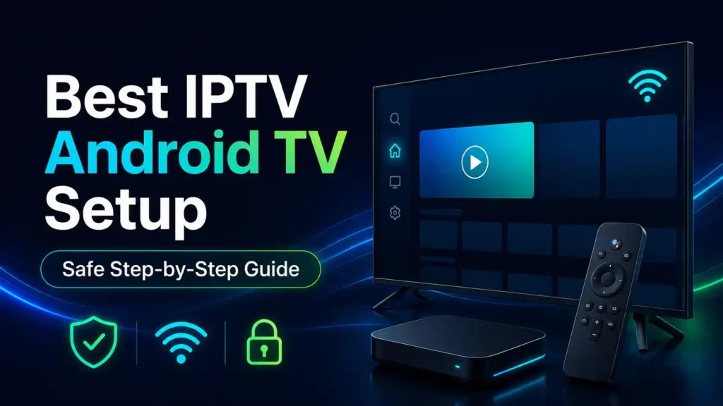 Best IPTV Android TV setup infographic showing six safe steps to install a player, add authorized login details, load a playlist and EPG, test playback, and fix common issues.
