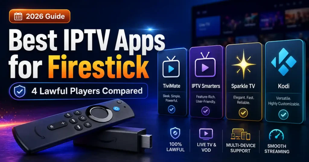 Best IPTV apps for Firestick in 2026 compared, featuring TiviMate, IPTV Smarters, Sparkle TV, and Kodi with key features and ratings.
