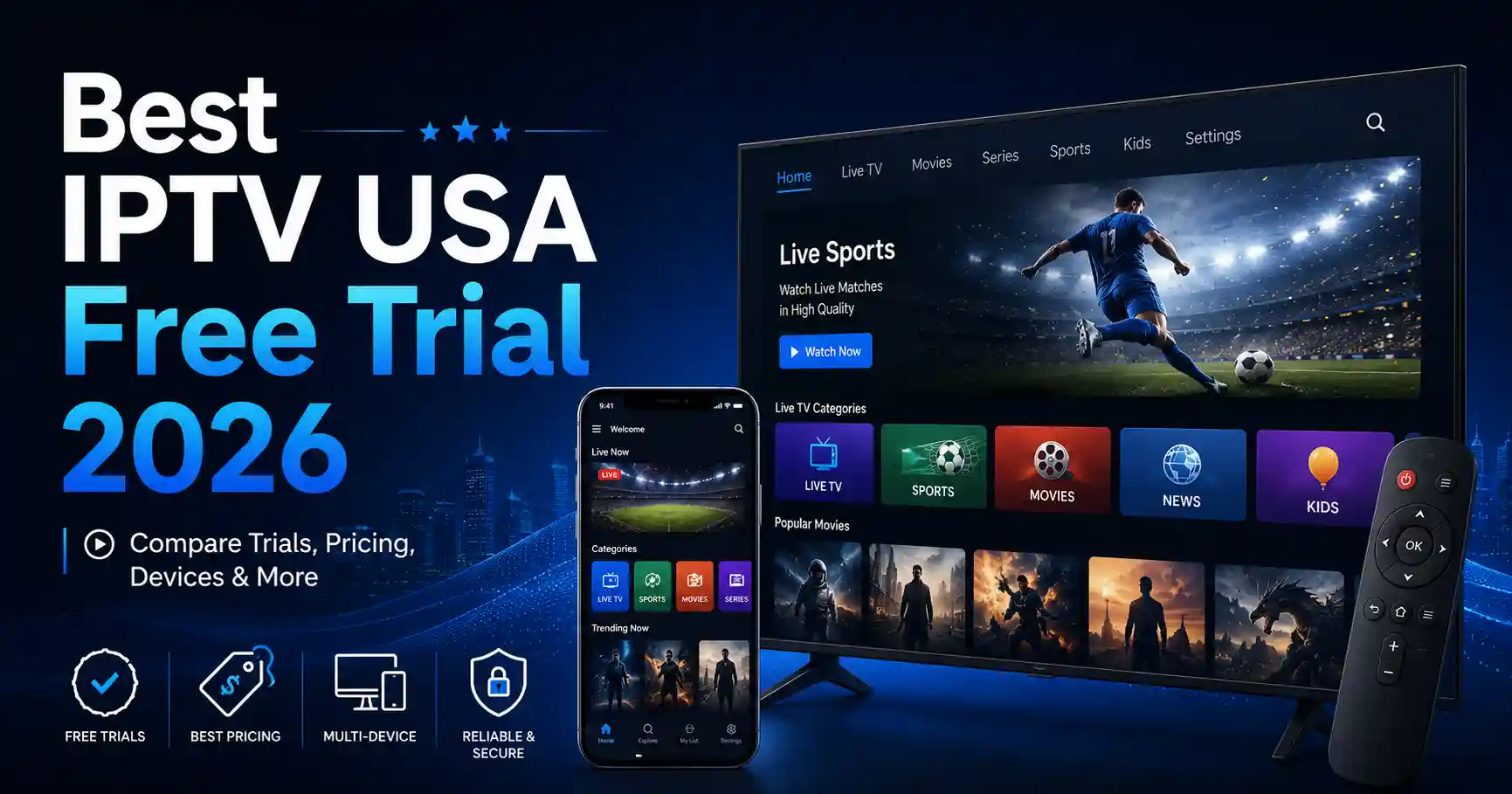 Best IPTV USA Free Trial 2026 infographic explaining seven factors to compare, including trial length, post-trial price, local channels, sports access, device support, DVR features, and cancellation terms.