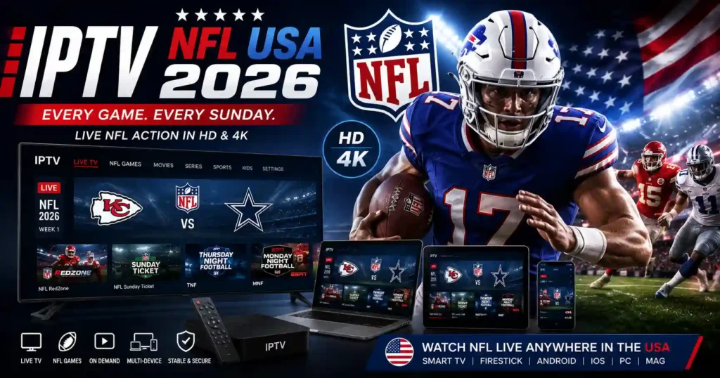 IPTV NFL USA 2026 streaming banner showing live American football on a Smart TV, laptop, tablet, smartphone, and streaming device with HD/4K multi-device support for NFL fans in the USA.