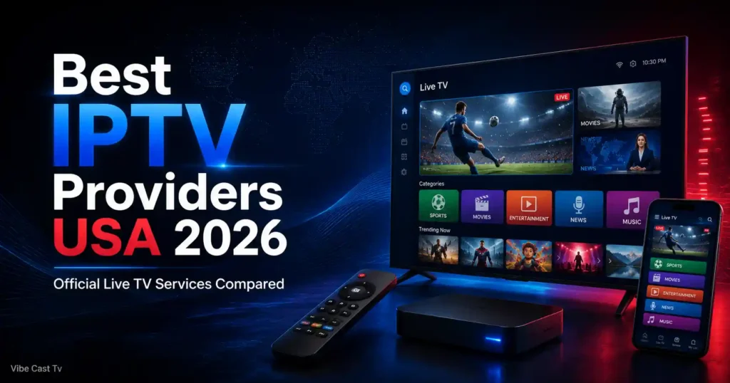 Best IPTV Providers USA 2026 infographic comparing YouTube TV, Hulu + Live TV, Sling TV, Fubo, DIRECTV, and Philo by pricing, local channels, sports, DVR, devices, and primary use.