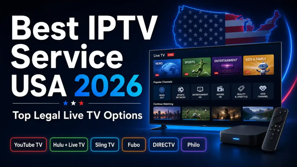 Best IPTV Service USA 2026 infographic comparing YouTube TV, Hulu + Live TV, Sling TV, Fubo, DIRECTV, and Philo, with key features and subscription considerations.