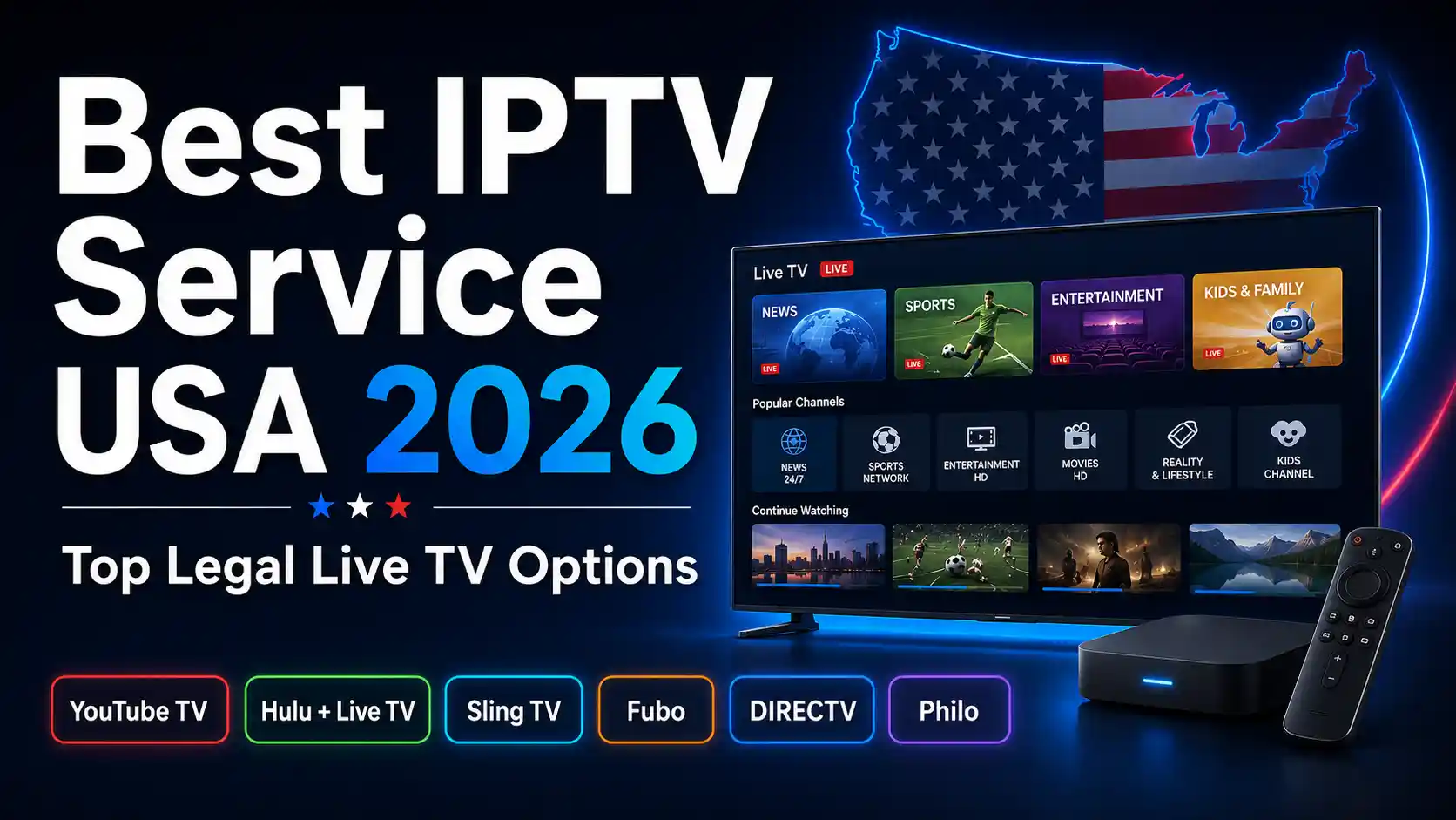 Best IPTV Service USA 2026 infographic comparing YouTube TV, Hulu + Live TV, Sling TV, Fubo, DIRECTV, and Philo, with key features and subscription considerations.