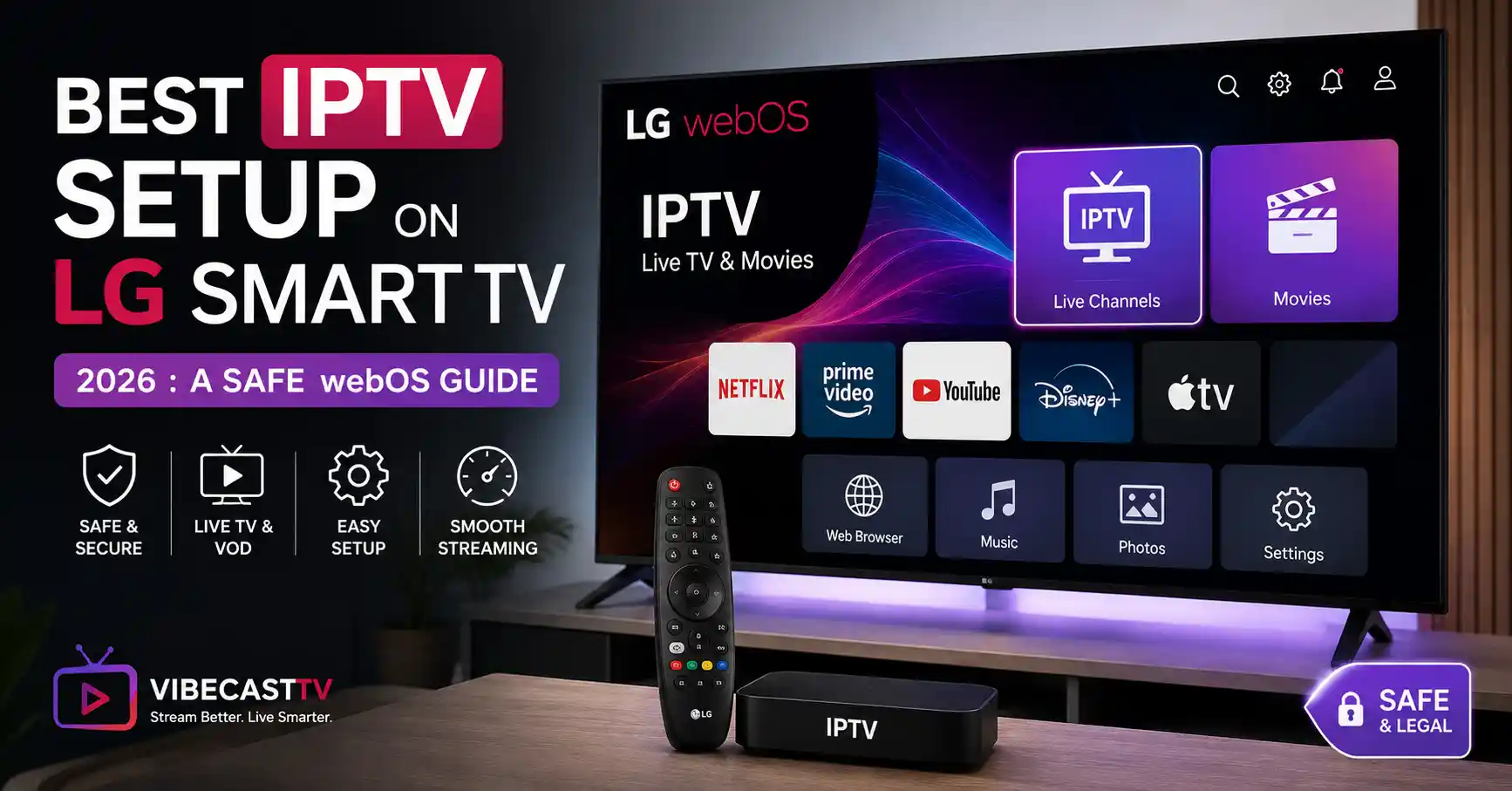 Best IPTV setup on LG Smart TV 2026 using webOS, showing a modern LG television with an IPTV interface, remote control, and secure streaming icons in a home living room.