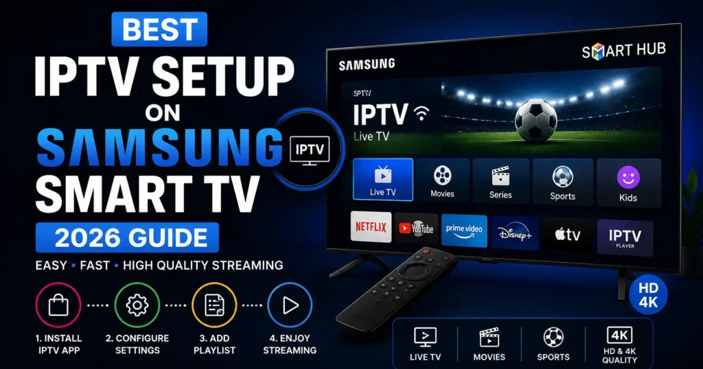 Step-by-step IPTV setup on Samsung Smart TV in 2026 showing Samsung Smart Hub, IPTV app installation, playlist configuration, and HD 4K streaming.