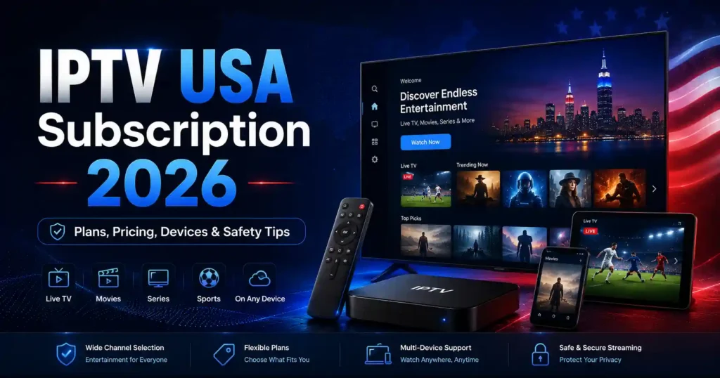 IPTV USA Subscription 2026 infographic explaining what to check before subscribing, including pricing, renewal terms, channels, sports coverage, device compatibility, cancellation, and risky seller warning signs.