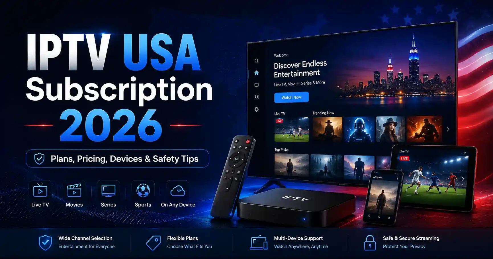 IPTV USA Subscription 2026 infographic explaining what to check before subscribing, including pricing, renewal terms, channels, sports coverage, device compatibility, cancellation, and risky seller warning signs.