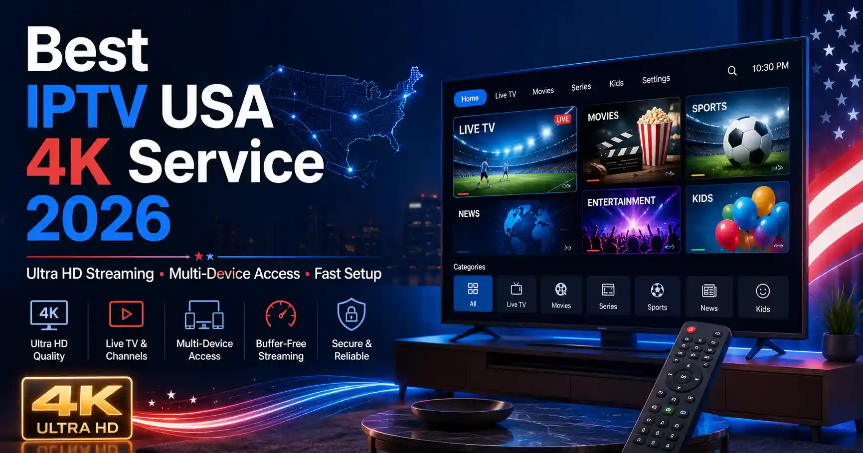 Best IPTV USA 4K Service 2026 infographic showing a smart TV interface, live TV, movies, sports, multi-device support, fast streaming, easy setup, and secure access.