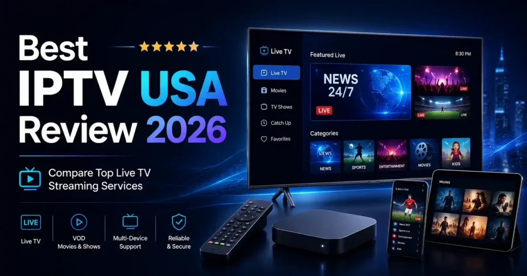 Best IPTV USA Review 2026 infographic showing a smart TV, remote, streaming box, tablet, and smartphone, with comparison categories for price, local channels, sports, DVR, device support, and viewer needs.