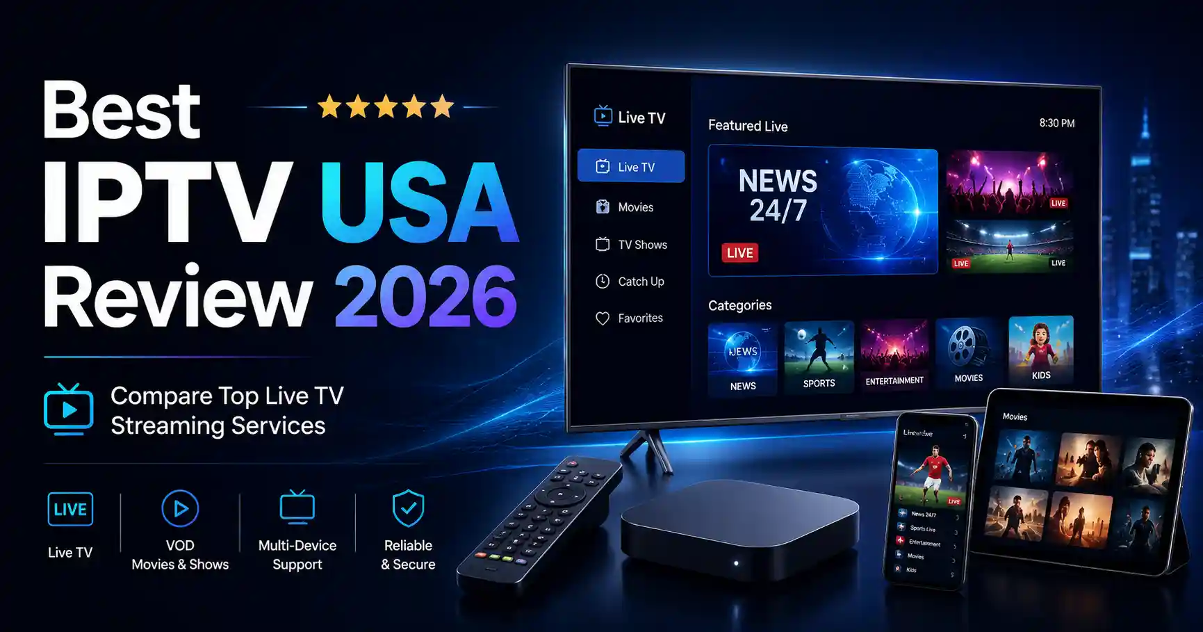 Best IPTV USA Review 2026 infographic showing a smart TV, remote, streaming box, tablet, and smartphone, with comparison categories for price, local channels, sports, DVR, device support, and viewer needs.