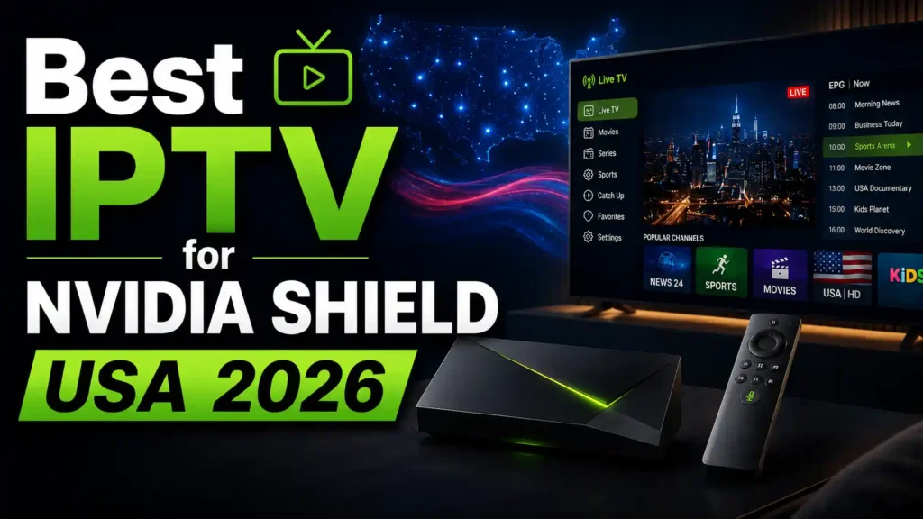 Best IPTV for NVIDIA Shield USA 2026 infographic showing TiviMate, Sparkle TV, Kodi, setup steps, 4K streaming features, EPG support, and safe streaming tips.