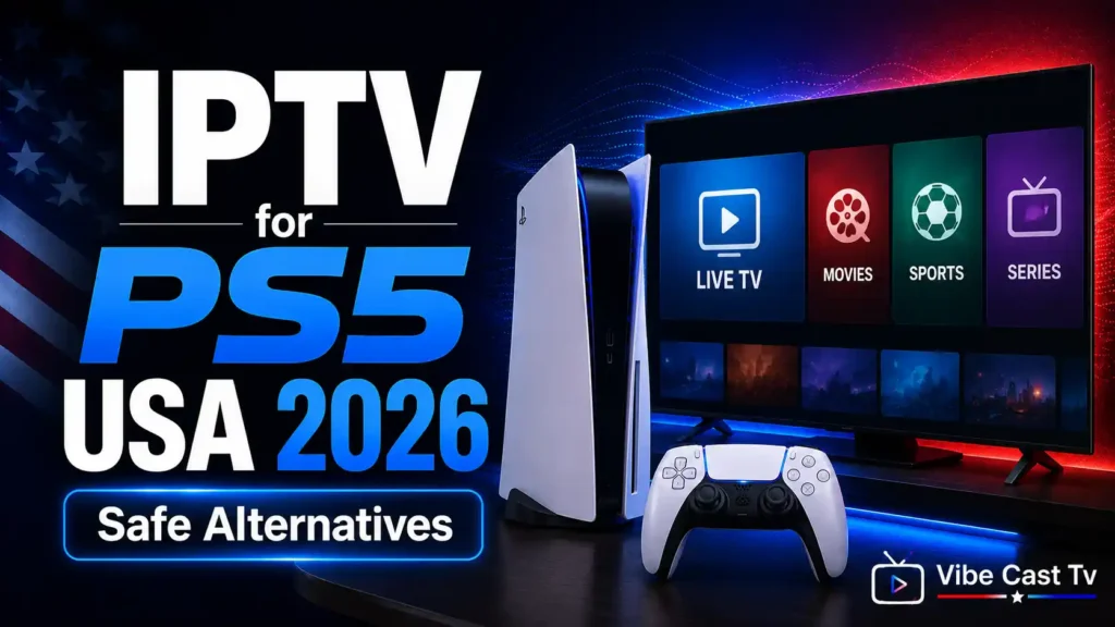 PS5 console and controller with IPTV app menu showing Live TV, Movies, Sports, and Series categories, USA 2026 safe alternatives guide
