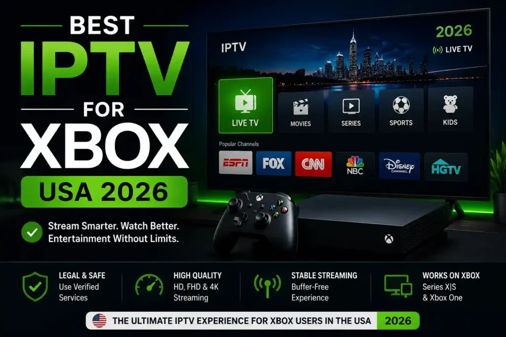 Best IPTV for Xbox USA 2026 guide featuring Xbox console, IPTV streaming interface, live TV options, and entertainment setup