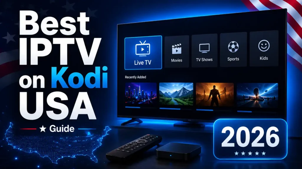 Best IPTV on Kodi USA 2026 infographic showing a Kodi-style TV interface, authorized M3U playlist setup, XMLTV EPG guide, and safe streaming tips.