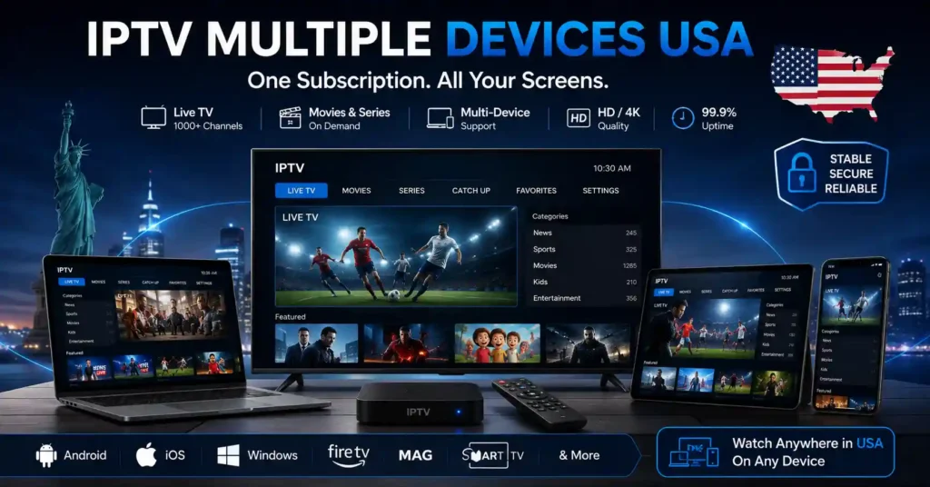 IPTV multiple devices USA showing live TV streaming on Smart TV, laptop, tablet, smartphone, and streaming box with multi-device support for seamless entertainment across compatible screens