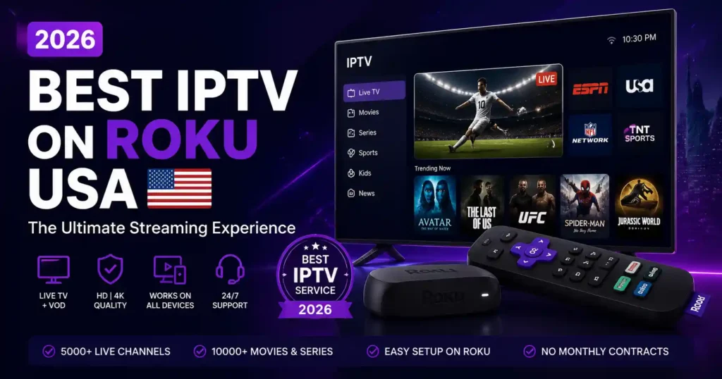 Best IPTV on Roku USA 2026 featuring live TV streaming, 4K quality, movies, sports channels, and Roku device setup