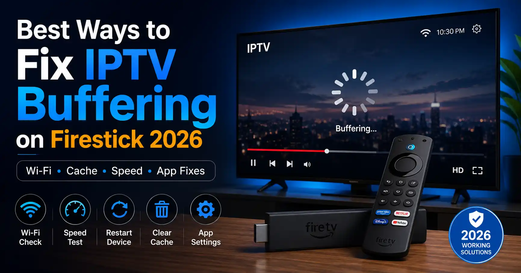Infographic showing seven ways to fix IPTV buffering on Firestick in 2026, including checking Wi-Fi, restarting the device, clearing cache, checking storage, updating apps, testing Ethernet, and contacting the provider.