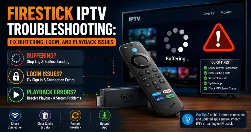 Firestick IPTV troubleshooting infographic showing fixes for buffering, login problems, playback errors, internet connection, cache clearing and app updates.