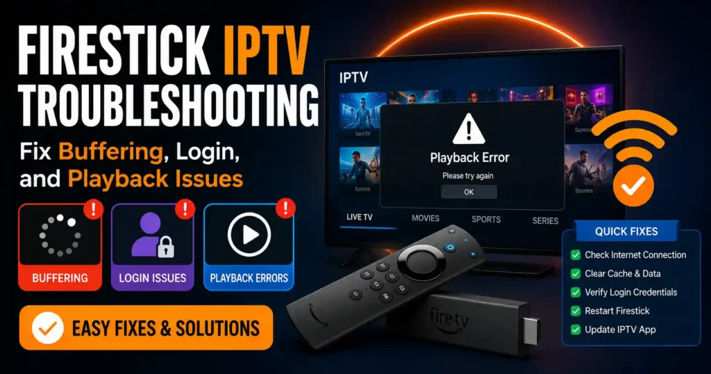 Firestick IPTV troubleshooting infographic showing fixes for buffering, login problems, playback errors, internet connection, cache clearing and app updates.
