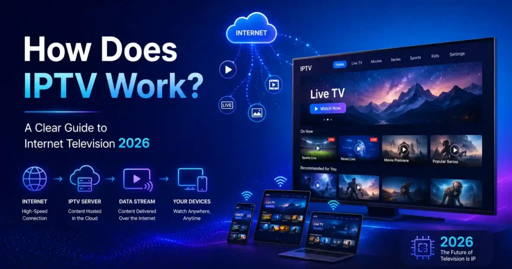 How Does IPTV Work infographic showing internet television streaming process from content providers and IPTV servers to smart TVs, phones, tablets, and laptops in 2026