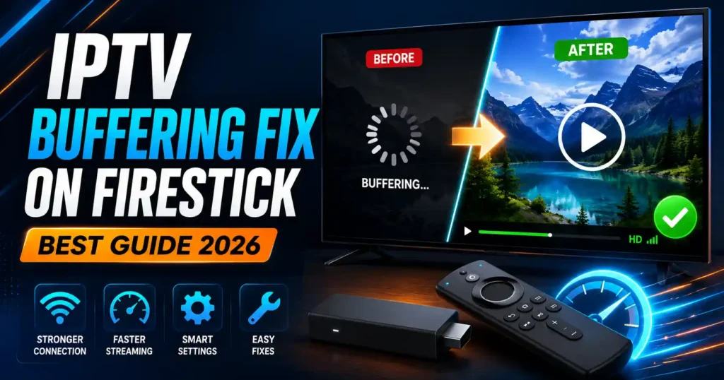 IPTV buffering fix on Firestick guide showing a before-and-after streaming screen, remote, Wi-Fi, speed, and settings icons.