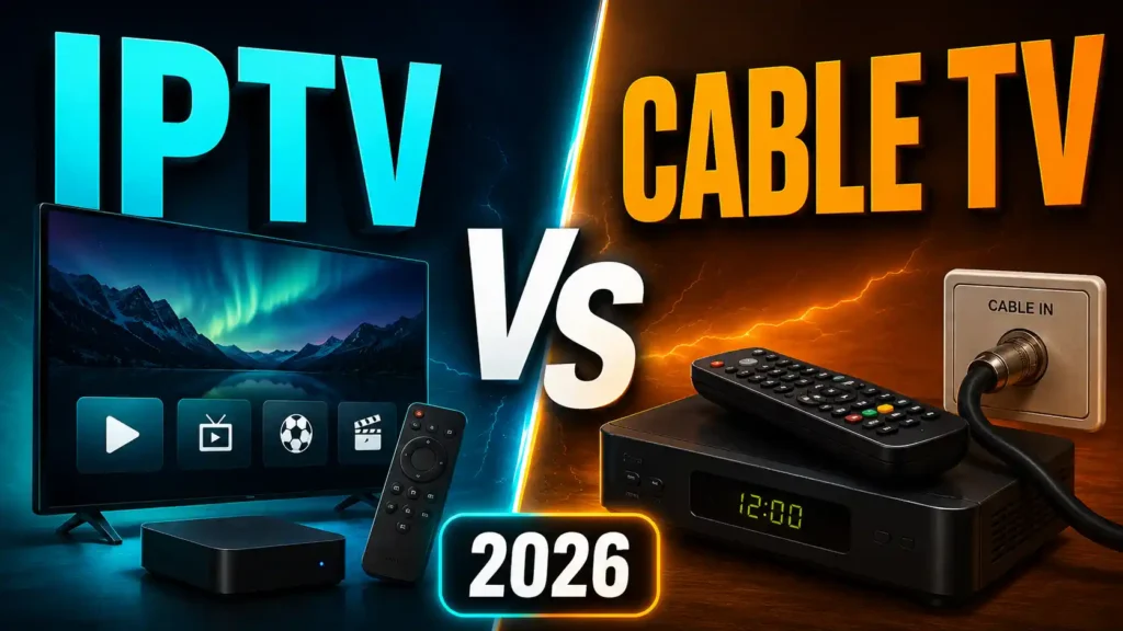 IPTV vs Cable TV infographic comparing delivery, setup, supported devices, reliability, sports and local channels, and the households each TV service suits best in 2026.