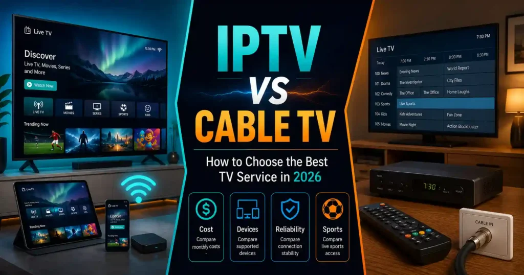 IPTV vs Cable TV infographic comparing delivery, setup, supported devices, reliability, sports and local channels, and the households each TV service suits best in 2026.