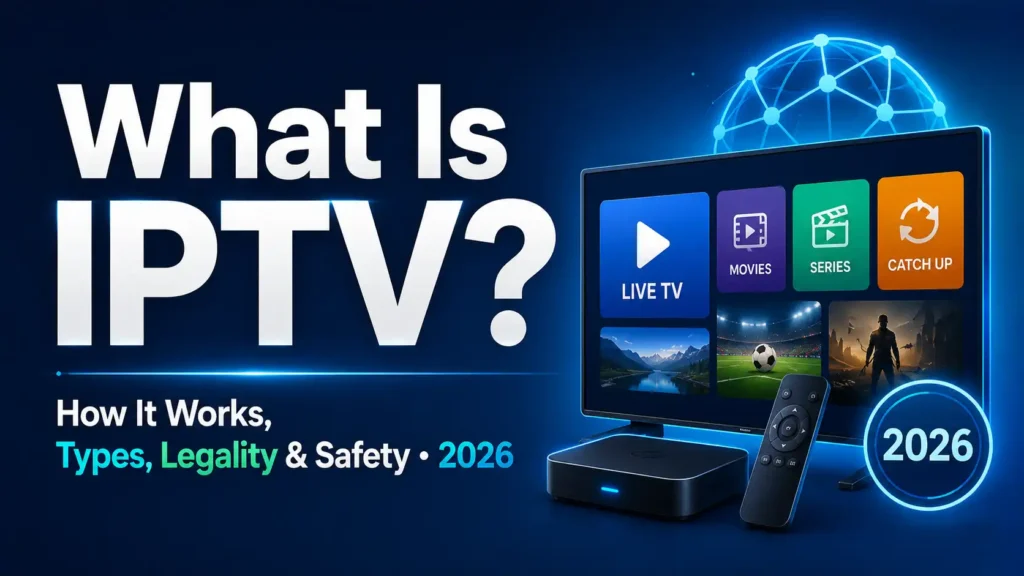 Infographic explaining what IPTV is, how it works, its main types, legality, and safety tips for users in 2026.