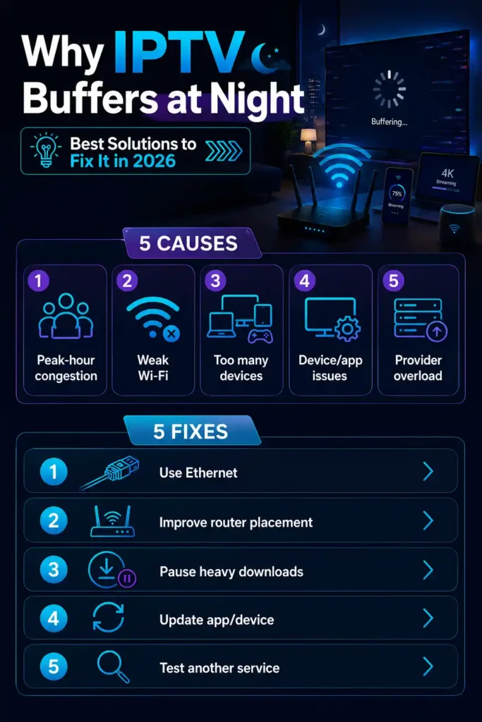 Infographic explaining five causes of IPTV buffering at night and five fixes, including Ethernet, better router placement, and app updates.