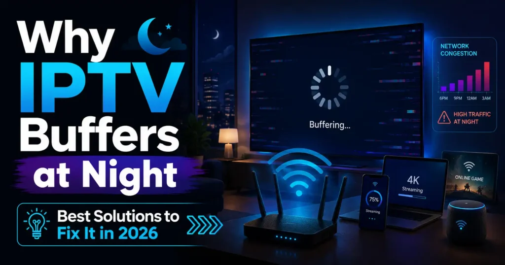 Infographic showing five causes of IPTV buffering at night and five fixes, including Ethernet, better router placement, and device updates.