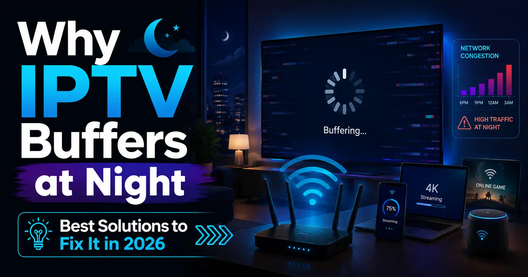 Infographic showing five causes of IPTV buffering at night and five fixes, including Ethernet, better router placement, and device updates.