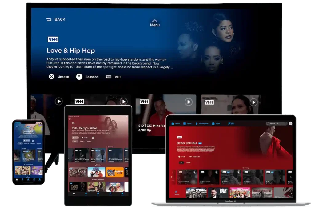Multiple devices displaying a streaming service interface on a Smart TV, laptop, tablet, and smartphone, highlighting cross-device compatibility for IPTV streaming.