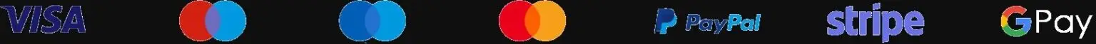 Logos of popular online payment methods, including Visa, Mastercard, PayPal, Stripe, and Google Pay, representing secure and convenient payment options.