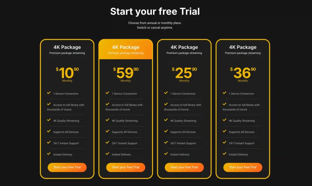 VibeCastTV pricing table displaying four IPTV subscription plans with 4K streaming, multi-device support, instant delivery, customer support, and a free trial option.