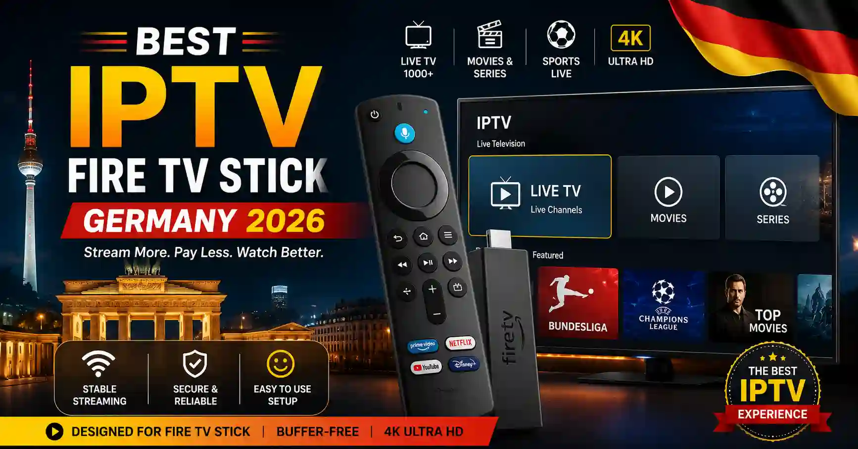 Best IPTV Fire TV Stick Germany 2026 with Fire TV remote, smart TV interface, live TV, sports, movies, and 4K streaming.