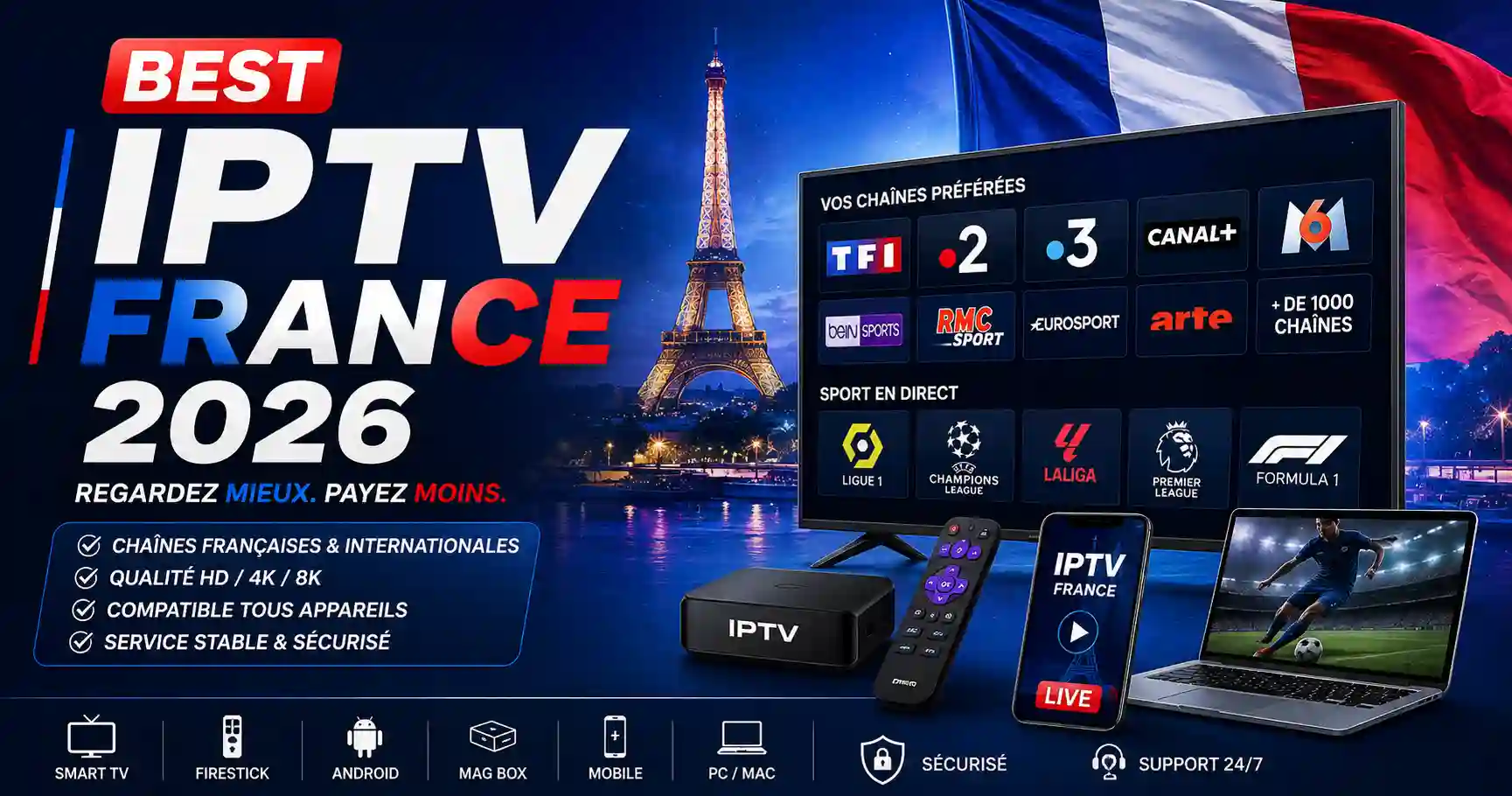 Best IPTV France 2026 guide featuring French IPTV streaming on a Smart TV, tablet, smartphone, and IPTV box with the Eiffel Tower and French flag.