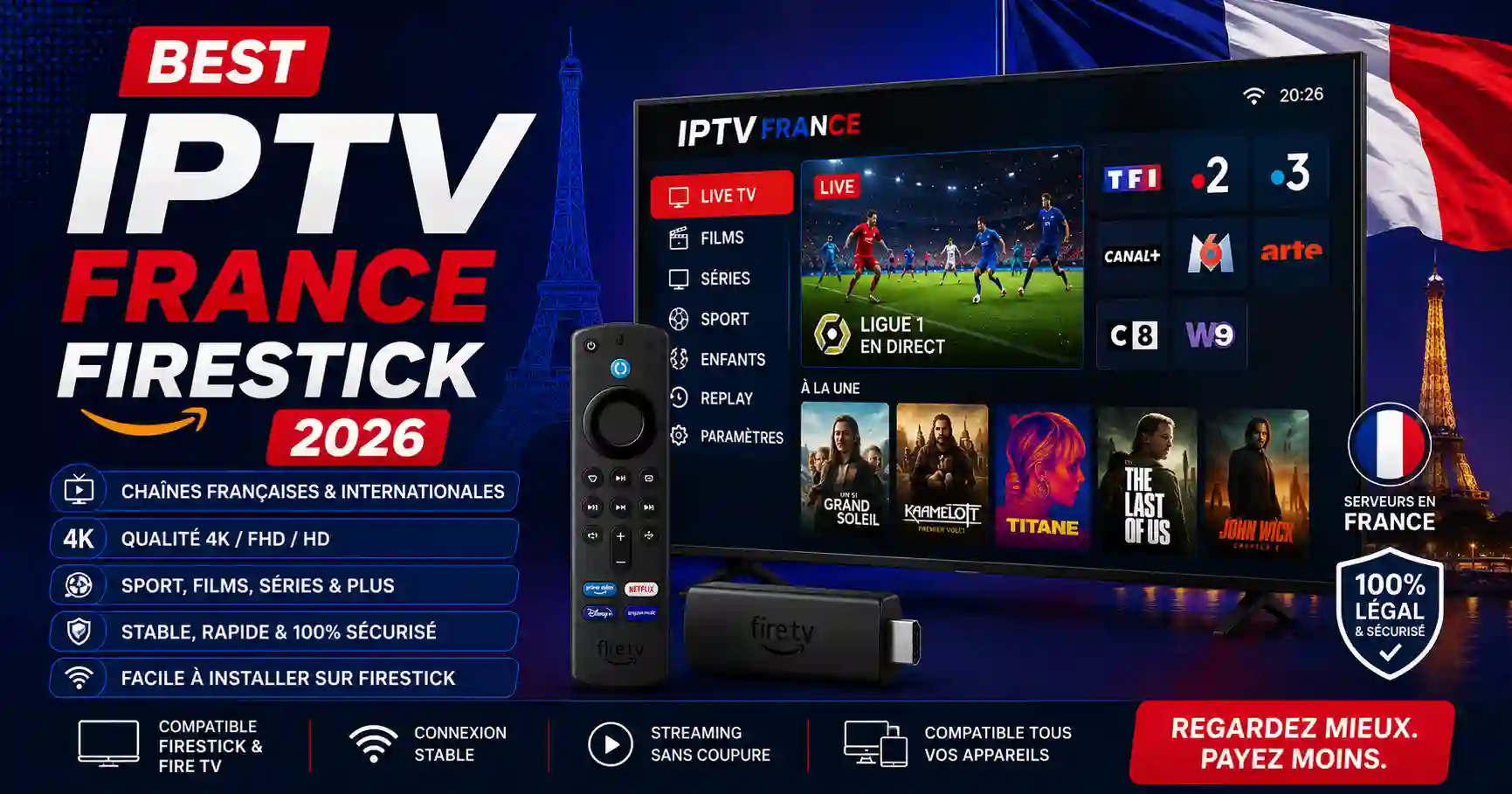 Best IPTV France Firestick 2026 promotional graphic showing IPTV streaming on a Fire TV Stick, Smart TV, French channels, sports, movies, and entertainment.