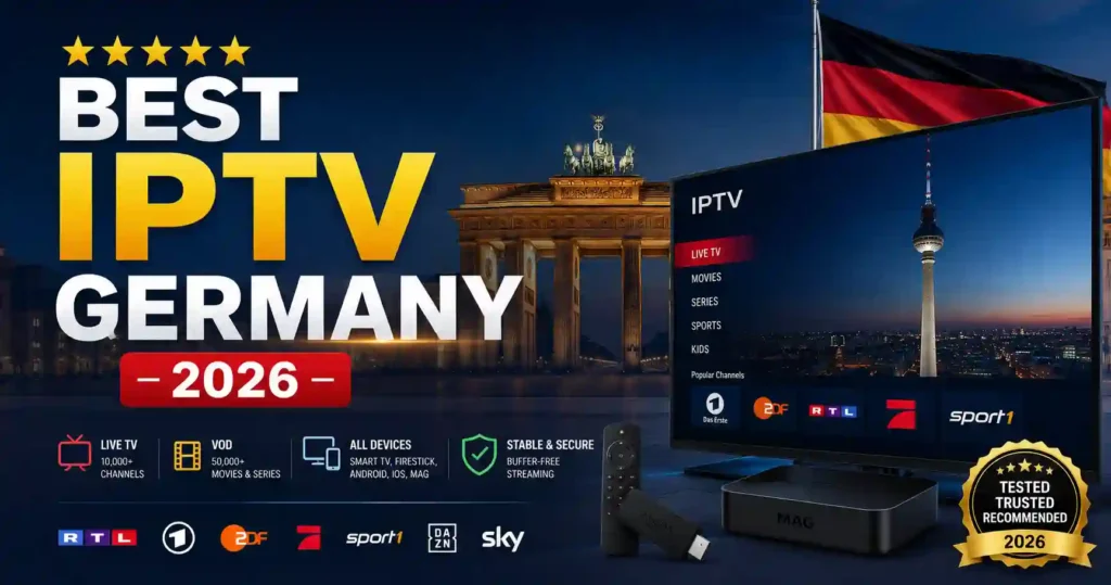 Best IPTV Germany 2026 with Berlin landmarks, live TV channels, movies, sports, and multi-device streaming