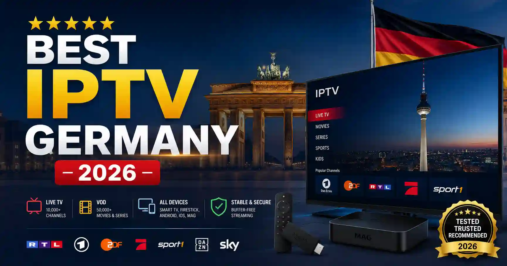 Best IPTV Germany 2026 with Berlin landmarks, live TV channels, movies, sports, and multi-device streaming