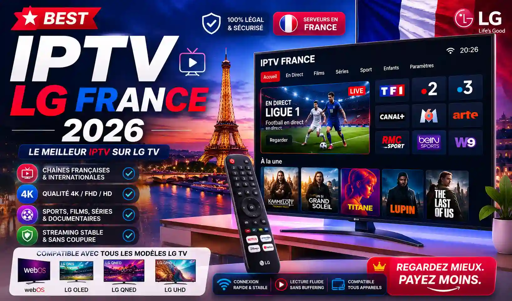 Best IPTV LG France 2026 graphic featuring an LG Smart TV displaying a French IPTV interface with live TV, films, series, sports, and 4K streaming.