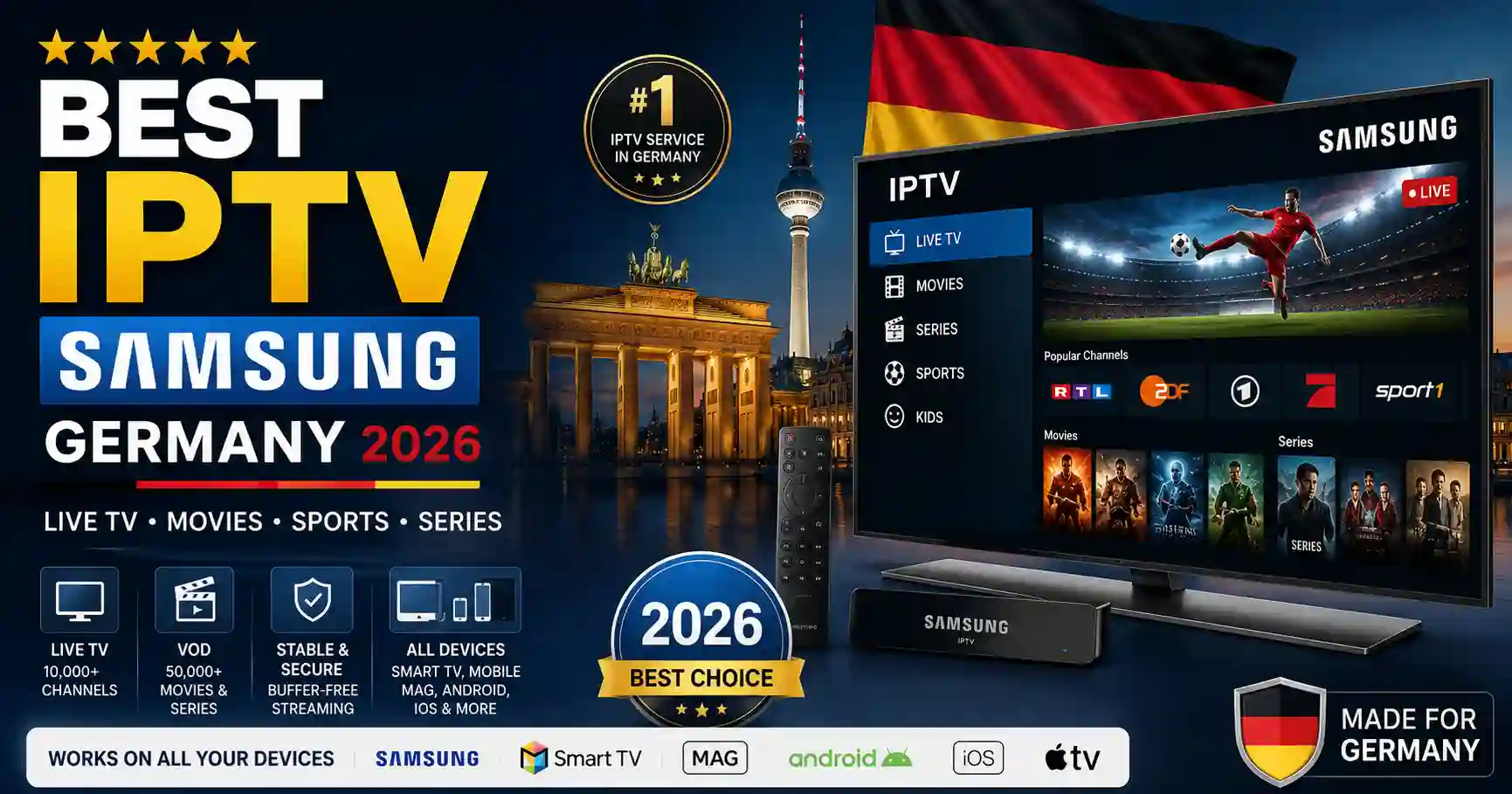 Best IPTV Samsung Germany 2026 for Smart TV with live channels, movies, sports, and series