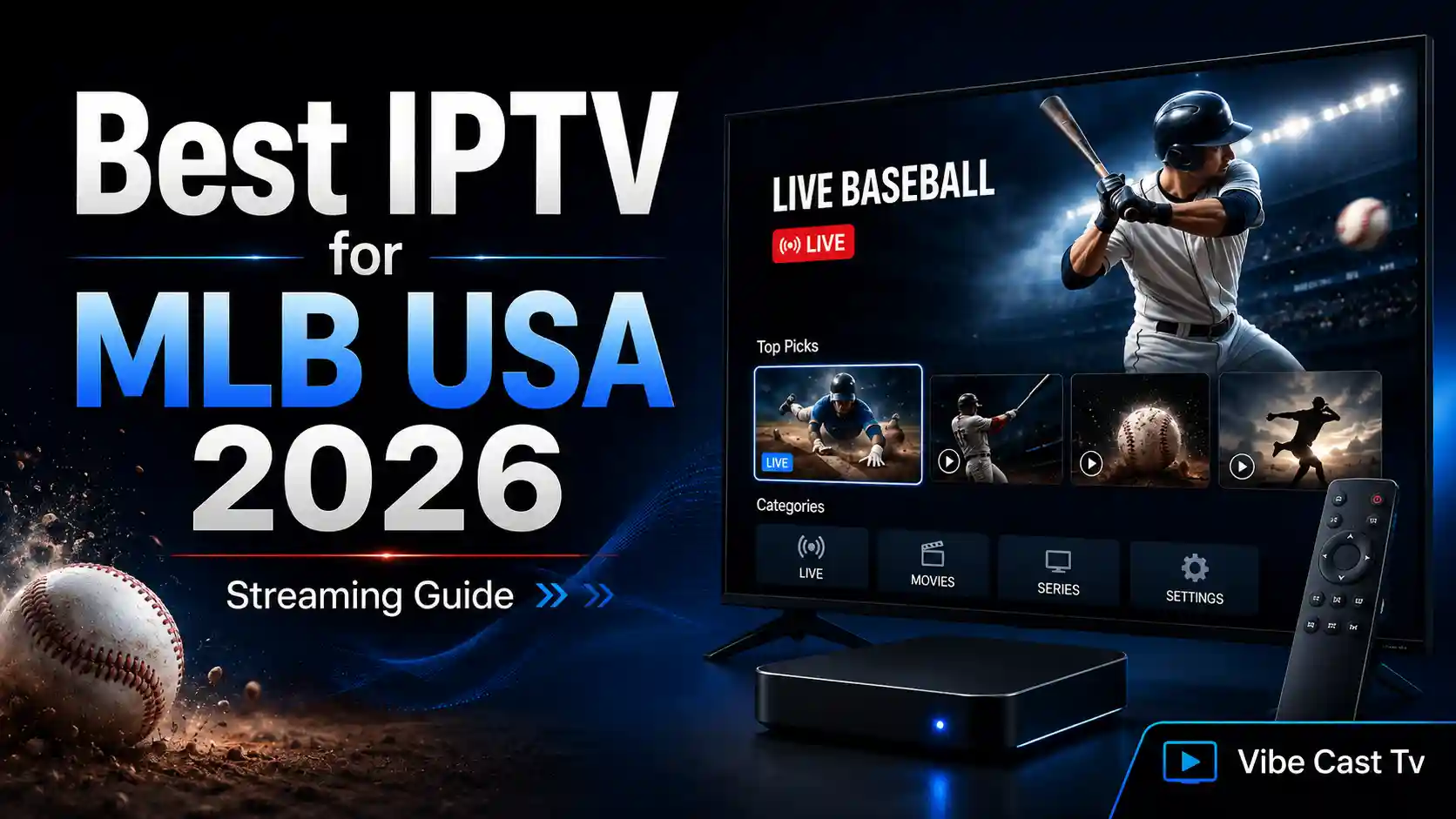 Best IPTV for MLB USA 2026 infographic featuring live baseball streaming on a smart TV, smartphone and IPTV device, with viewing features and official streaming guidance.
