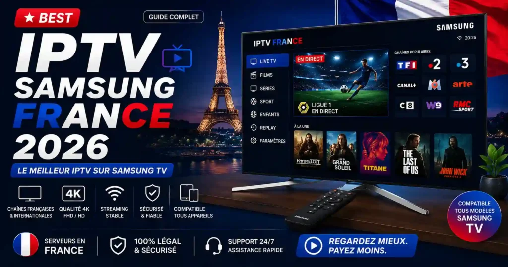 IPTV Samsung France 2026 guide featuring a Samsung Smart TV with IPTV streaming, French channels, sports, movies, series, 4K quality, and device compatibility.