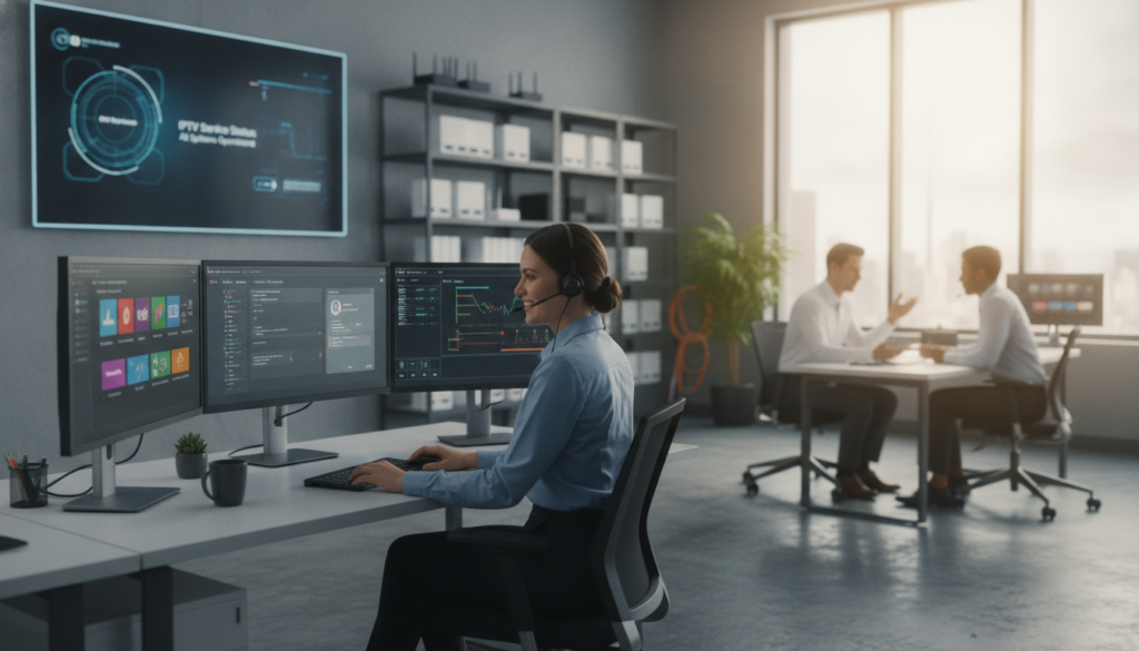 A busy IPTV help desk scene set in a modern office environment. In the foreground, a professional customer support agent, wearing business attire, is attentively assisting a customer via a headset, displaying a friendly demeanor. Their desk is equipped with multiple computer monitors showing IPTV services and customer queries. In the middle, a second agent engages in a conversation with a client, both appearing focused. The background features shelves with IPTV equipment and a wall-mounted screen displaying service-related information. Soft, natural lighting filters through large windows, creating a warm and inviting atmosphere. The lens captures a slight depth of field, emphasizing the interactions in the foreground while keeping the background details slightly blurred for context. A busy IPTV help desk scene set in a modern office environment. In the foreground, a professional customer support agent, wearing business attire, is attentively assisting a customer via a headset, displaying a friendly demeanor. Their desk is equipped with multiple computer monitors showing IPTV services and customer queries. In the middle, a second agent engages in a conversation with a client, both appearing focused. The background features shelves with IPTV equipment and a wall-mounted screen displaying service-related information. Soft, natural lighting filters through large windows, creating a warm and inviting atmosphere. The lens captures a slight depth of field, emphasizing the interactions in the foreground while keeping the background details slightly blurred for context.