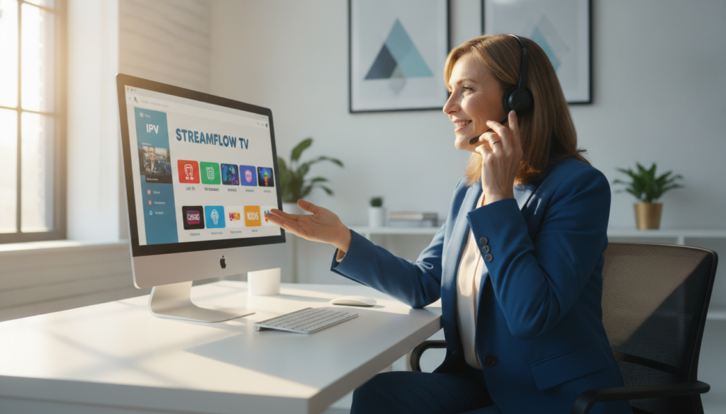 A customer service representative sitting at a modern desk, attentively assisting a client over a phone. The foreground features the representative, a middle-aged person dressed in professional attire, displaying a friendly expression. In the middle ground, a computer screen shows an IPTV service interface with a lively user-friendly design, emphasizing ease of use. Behind the representative, a well-organized office space with minimalistic decor conveys professionalism. Soft, natural lighting filters through a window, creating a warm and inviting atmosphere. The angle captures the representative in a slightly tilted perspective, enhancing engagement and providing a sense of connection. The overall mood is supportive and efficient, highlighting excellent customer service in the IPTV industry, free from distractions or additional elements. A customer service representative sitting at a modern desk, attentively assisting a client over a phone. The foreground features the representative, a middle-aged person dressed in professional attire, displaying a friendly expression. In the middle ground, a computer screen shows an IPTV service interface with a lively user-friendly design, emphasizing ease of use. Behind the representative, a well-organized office space with minimalistic decor conveys professionalism. Soft, natural lighting filters through a window, creating a warm and inviting atmosphere. The angle captures the representative in a slightly tilted perspective, enhancing engagement and providing a sense of connection. The overall mood is supportive and efficient, highlighting excellent customer service in the IPTV industry, free from distractions or additional elements.
