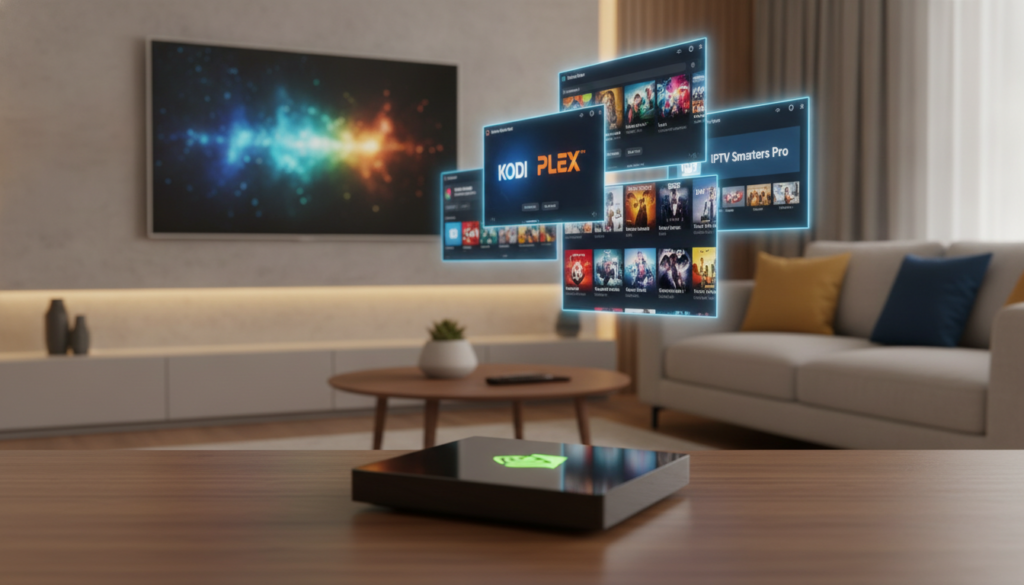 A dynamic and visually engaging digital workspace featuring an Nvidia Shield streaming device prominently displayed in the foreground. Surrounding the device are screenshots of popular IPTV apps like Kodi, Plex, and IPTV Smarters, artistically arranged in a collage format. The background showcases a modern living room setup with a large flat-screen TV displaying vivid colors, softly illuminated by ambient lighting. The scene features a cozy couch and stylish decor to evoke a welcoming atmosphere. The lighting is warm, creating a friendly and inviting mood. Use a slight depth of field to emphasize the Nvidia Shield and apps while gently blurring the background. Capture a high-quality image to convey clarity and detail in the apps' logos and interface elements. A dynamic and visually engaging digital workspace featuring an Nvidia Shield streaming device prominently displayed in the foreground. Surrounding the device are screenshots of popular IPTV apps like Kodi, Plex, and IPTV Smarters, artistically arranged in a collage format. The background showcases a modern living room setup with a large flat-screen TV displaying vivid colors, softly illuminated by ambient lighting. The scene features a cozy couch and stylish decor to evoke a welcoming atmosphere. The lighting is warm, creating a friendly and inviting mood. Use a slight depth of field to emphasize the Nvidia Shield and apps while gently blurring the background. Capture a high-quality image to convey clarity and detail in the apps' logos and interface elements.