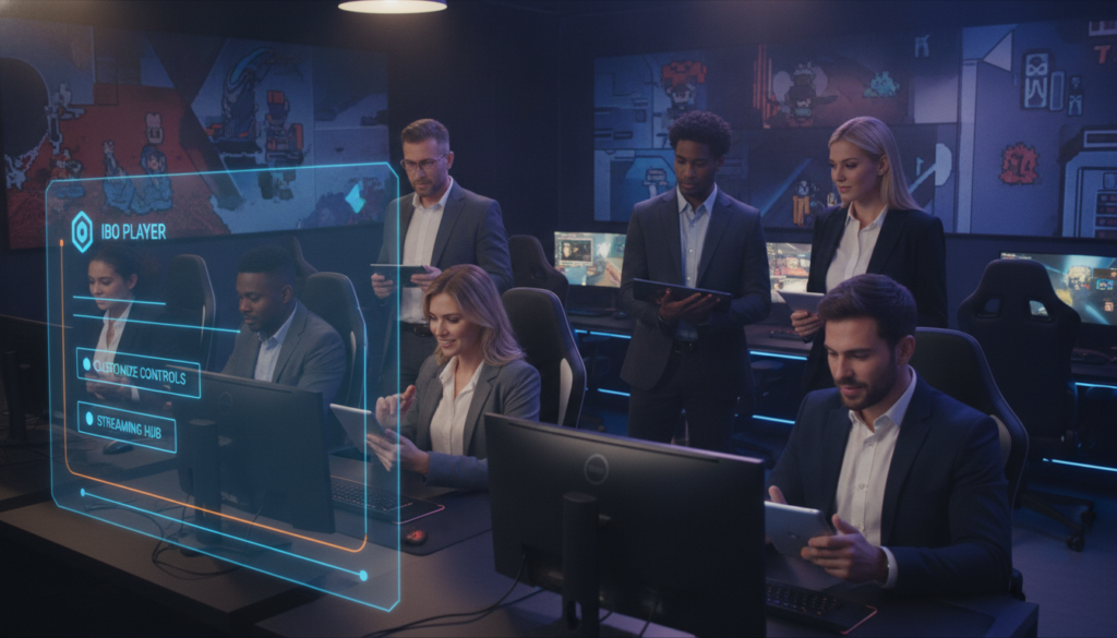 A dynamic scene showcasing the "IBO Player" functions in action. In the foreground, a sleek, modern gaming interface displays various features like customizable controls, streaming options, and user-friendly layouts. A diverse group of gamers, dressed in professional business attire, engage with the interface on their devices, showcasing excitement and concentration. In the middle ground, a vibrant gaming room filled with high-tech equipment and ambient lighting creates an inviting atmosphere. The background features stylish wall art depicting iconic gaming moments, with soft lighting illuminating the scene from above, casting gentle shadows. The overall mood is energetic and immersive, highlighting the innovative aspects of the IBO Player and its impact on gaming experiences. A dynamic scene showcasing the "IBO Player" functions in action. In the foreground, a sleek, modern gaming interface displays various features like customizable controls, streaming options, and user-friendly layouts. A diverse group of gamers, dressed in professional business attire, engage with the interface on their devices, showcasing excitement and concentration. In the middle ground, a vibrant gaming room filled with high-tech equipment and ambient lighting creates an inviting atmosphere. The background features stylish wall art depicting iconic gaming moments, with soft lighting illuminating the scene from above, casting gentle shadows. The overall mood is energetic and immersive, highlighting the innovative aspects of the IBO Player and its impact on gaming experiences.