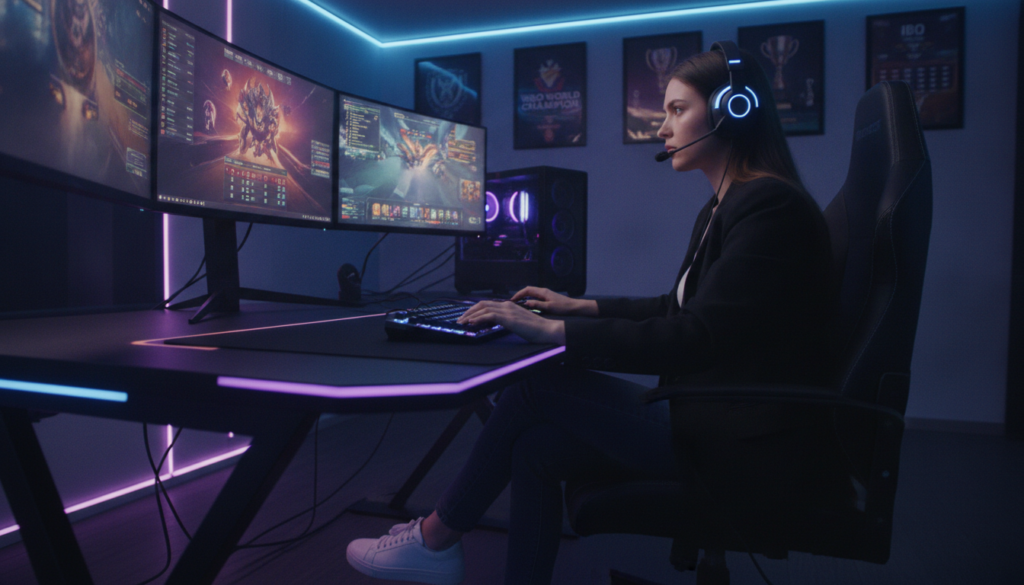 A highly skilled IBO player, focused and determined, is depicted in the foreground, intensely concentrating on a high-paced gaming session. The player is dressed in smart casual attire, embodying professionalism, with a sleek gaming headset and fingers poised on a modern gaming keyboard. In the middle ground, a glowing, dynamic gaming setup features multiple screens displaying colorful game graphics and performance stats, illuminated by RGB lights that enhance the atmosphere. The background shows a gaming room with posters of esports achievements and subtle ambient lighting, creating an inspiring environment. The angle captures a slight upward view, emphasizing the player's intensity and the immersive gaming world. The overall mood is one of speed, focus, and excitement, highlighting the performance aspect of the IBO player's gaming experience. A highly skilled IBO player, focused and determined, is depicted in the foreground, intensely concentrating on a high-paced gaming session. The player is dressed in smart casual attire, embodying professionalism, with a sleek gaming headset and fingers poised on a modern gaming keyboard. In the middle ground, a glowing, dynamic gaming setup features multiple screens displaying colorful game graphics and performance stats, illuminated by RGB lights that enhance the atmosphere. The background shows a gaming room with posters of esports achievements and subtle ambient lighting, creating an inspiring environment. The angle captures a slight upward view, emphasizing the player's intensity and the immersive gaming world. The overall mood is one of speed, focus, and excitement, highlighting the performance aspect of the IBO player's gaming experience.